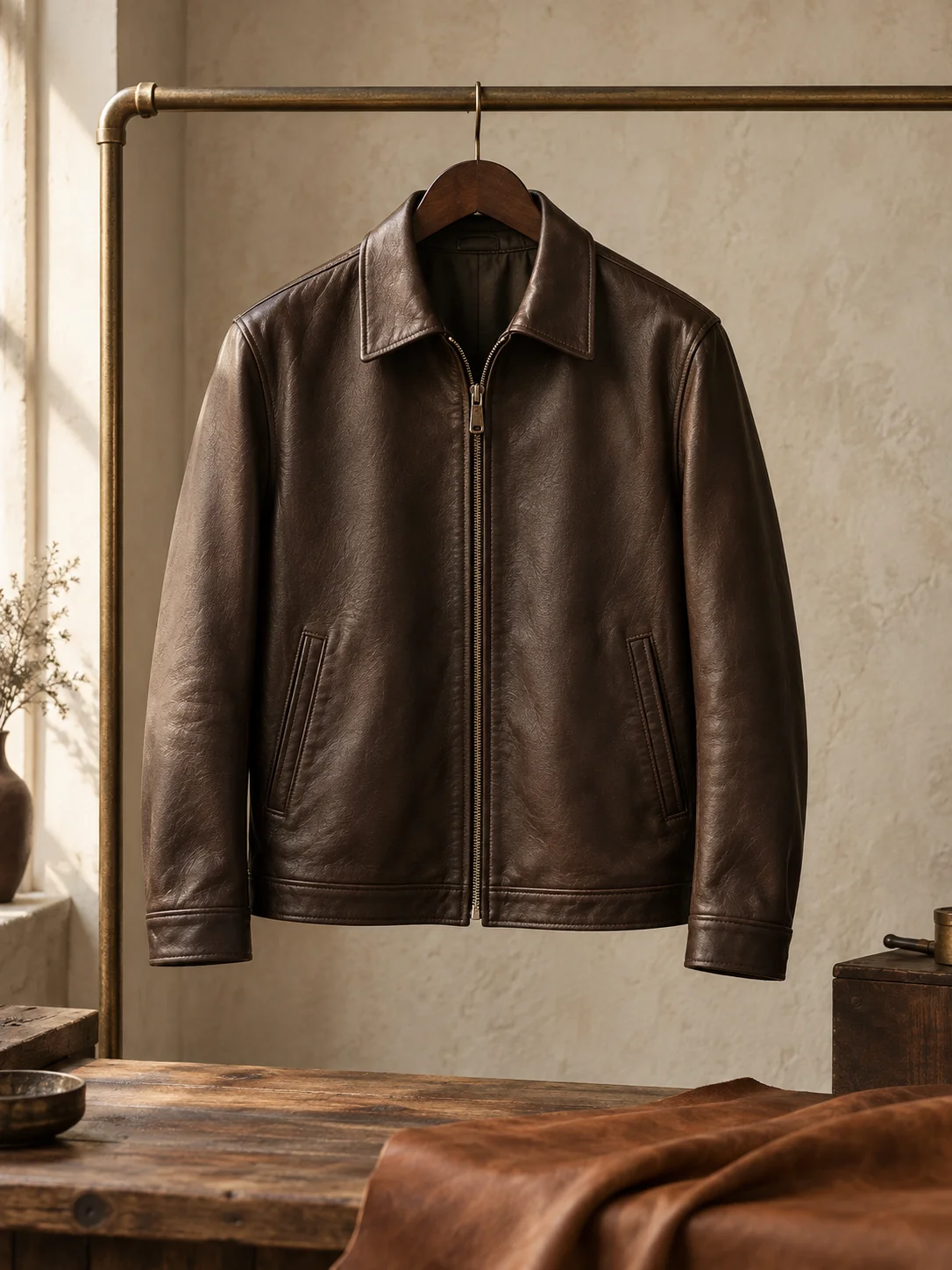 An espresso leather jacket hanging in a warm, sunlit atelier