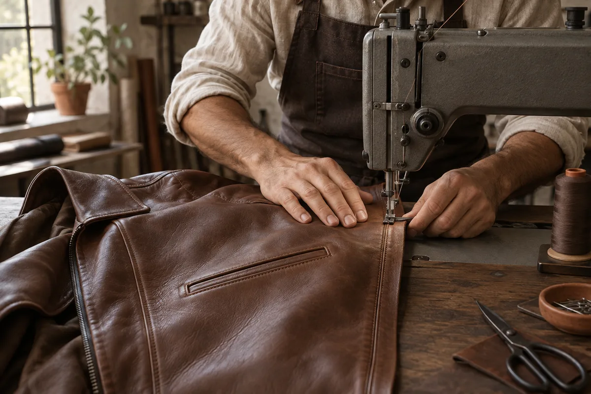 Artisan guiding a brown leather jacket through an industrial sewing machine