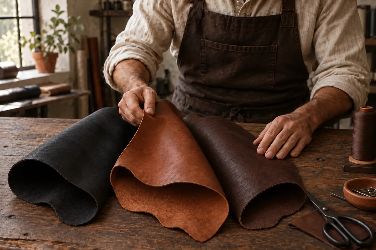 Artisan inspecting three leather hides in black, cognac and espresso on a wooden workbench