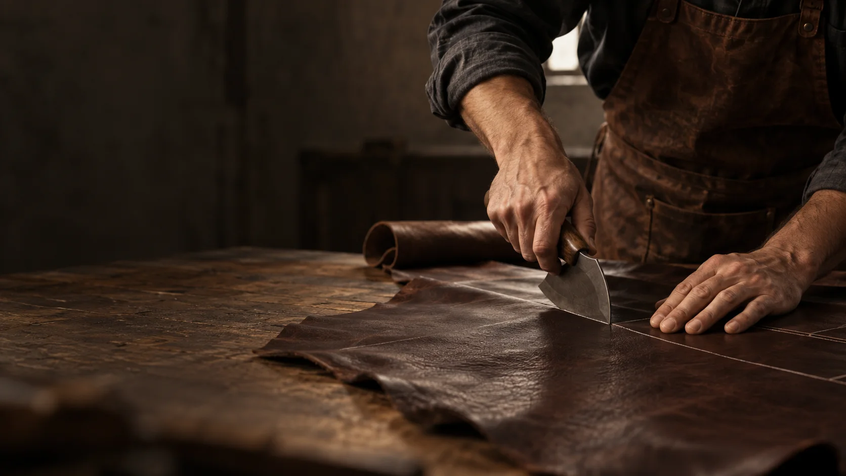 Hands cutting a leather jacket panel on a workbench