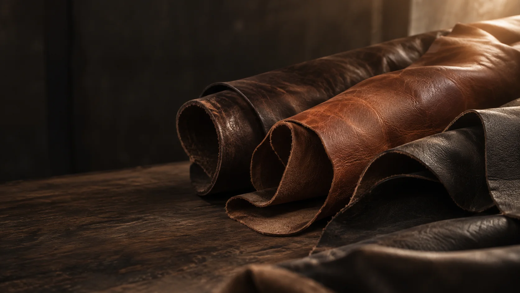 Espresso, cognac and black leather hides showing their grain